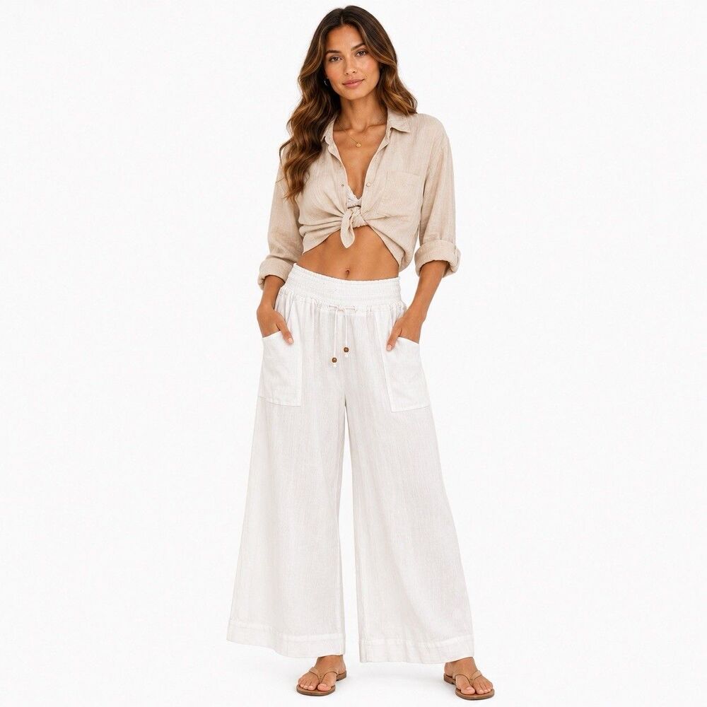 O’rageous The Beach Wide Leg Pants White 100% Cotton Blend Elastic Waist Women L